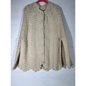 VTG Handmade Crochet Cape Poncho Neutral Beige Button Front Scalloped Hem Iconic